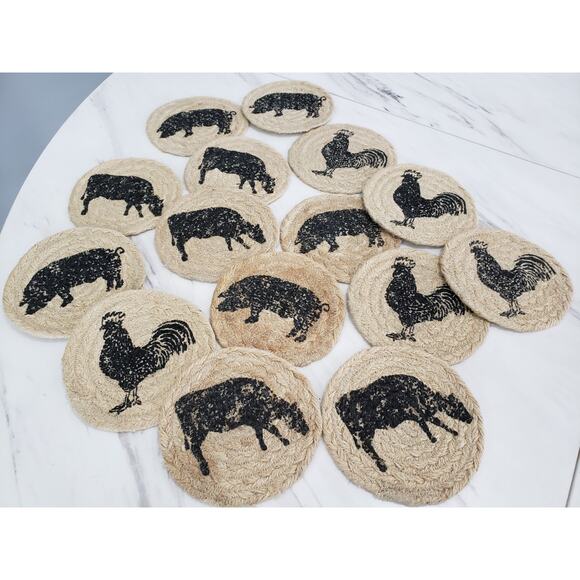 VHC Brand Coasters Cumberland Jute Rustic 4in Set of 15 Cow Chicken Pig Hen Farm - Picture 1 of 9